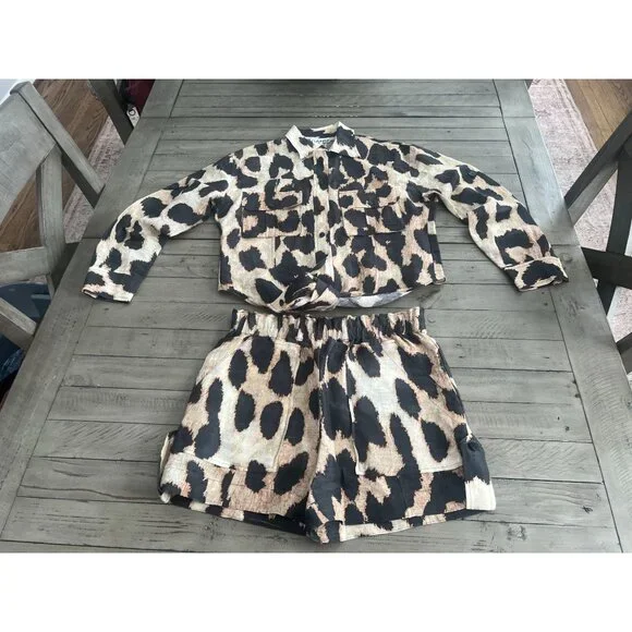 GANNI Silk Linen Leopard Print Shirt + Matching Shorts SET Size 32 XS - Picture 2 of 13